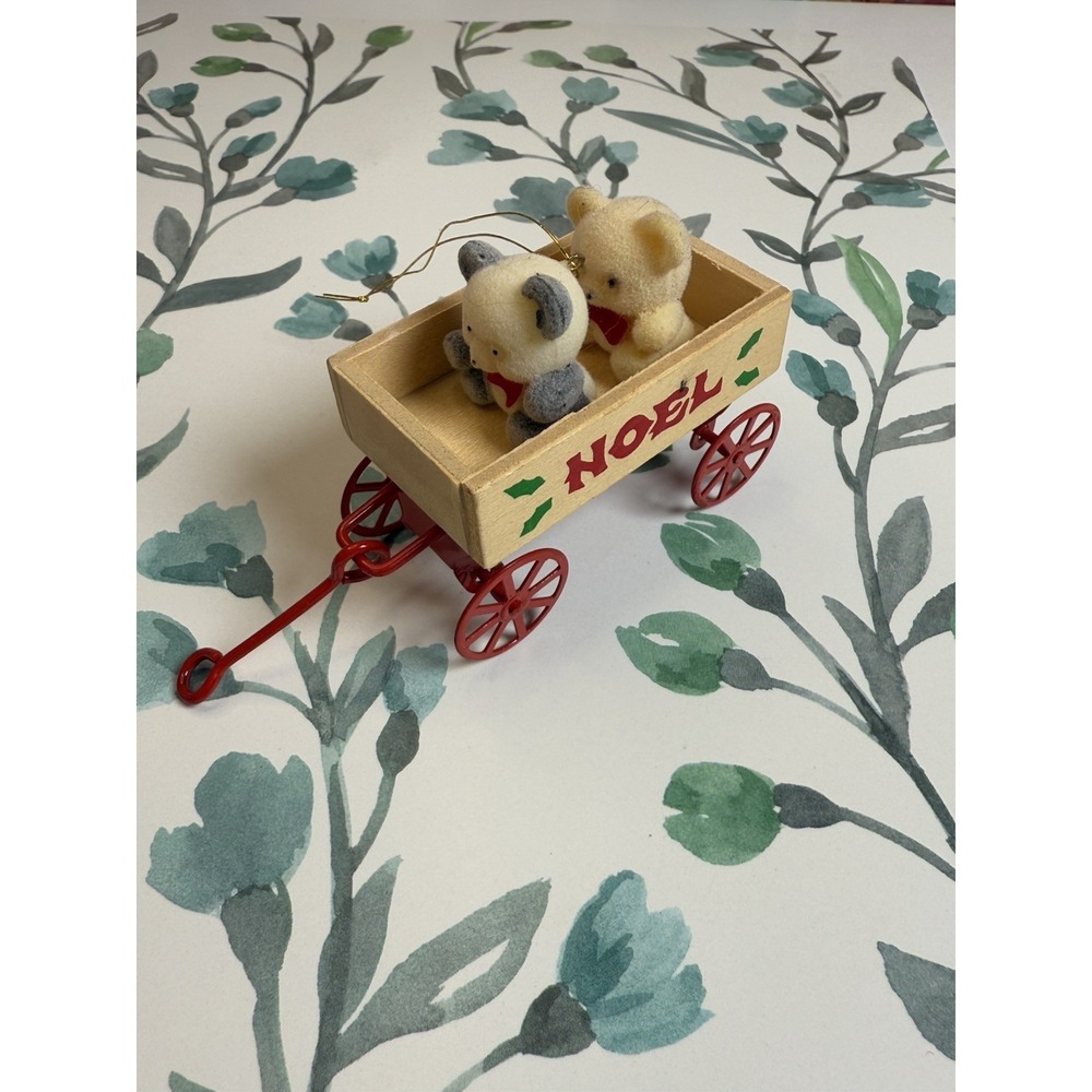 Vintage Avon Christmas Teddy Bears in Wagon Ornament‎ Noel Wood Cart